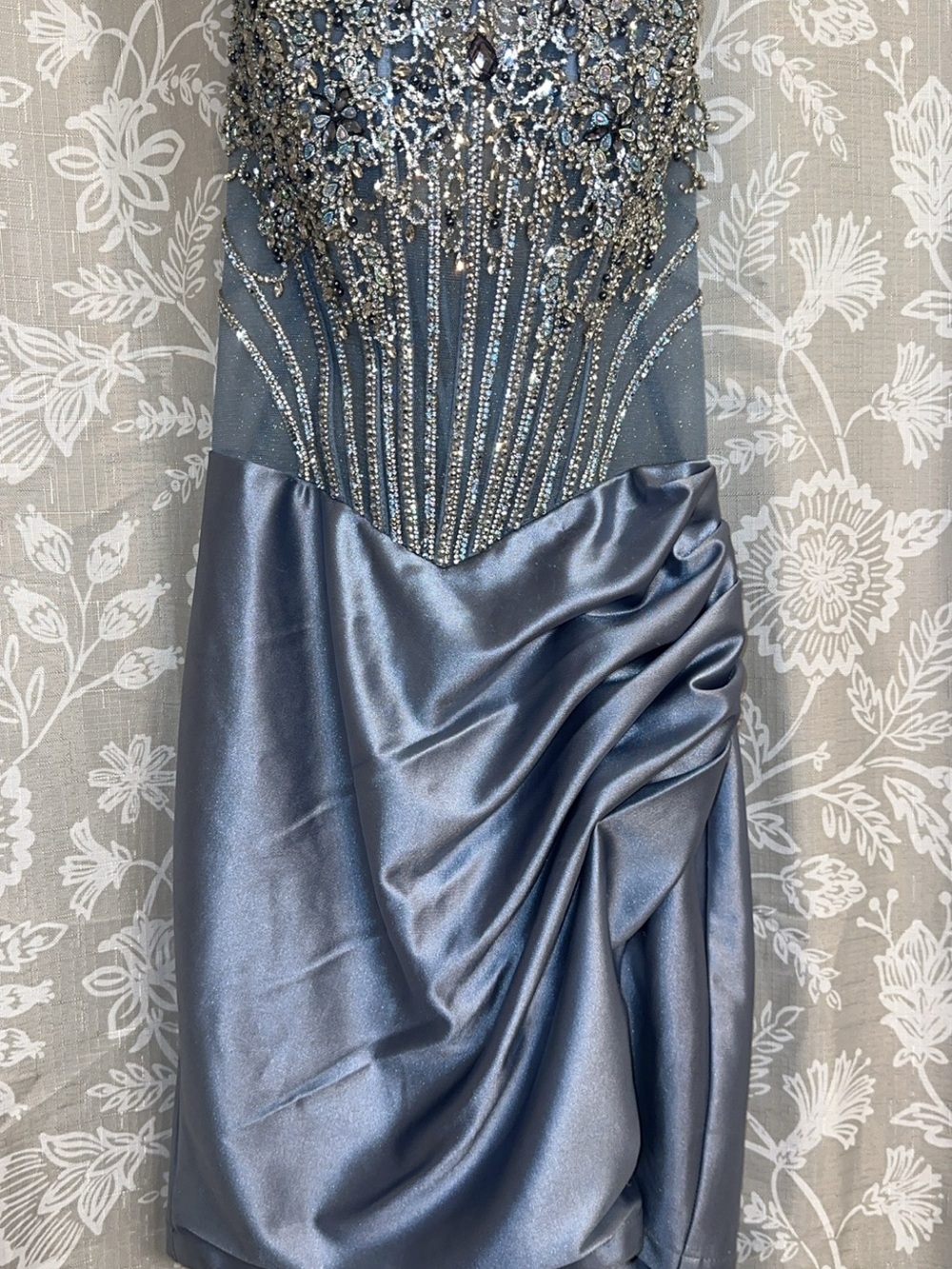 Silver-Blue Embellished Mini Dress with Draped Satin Skirt